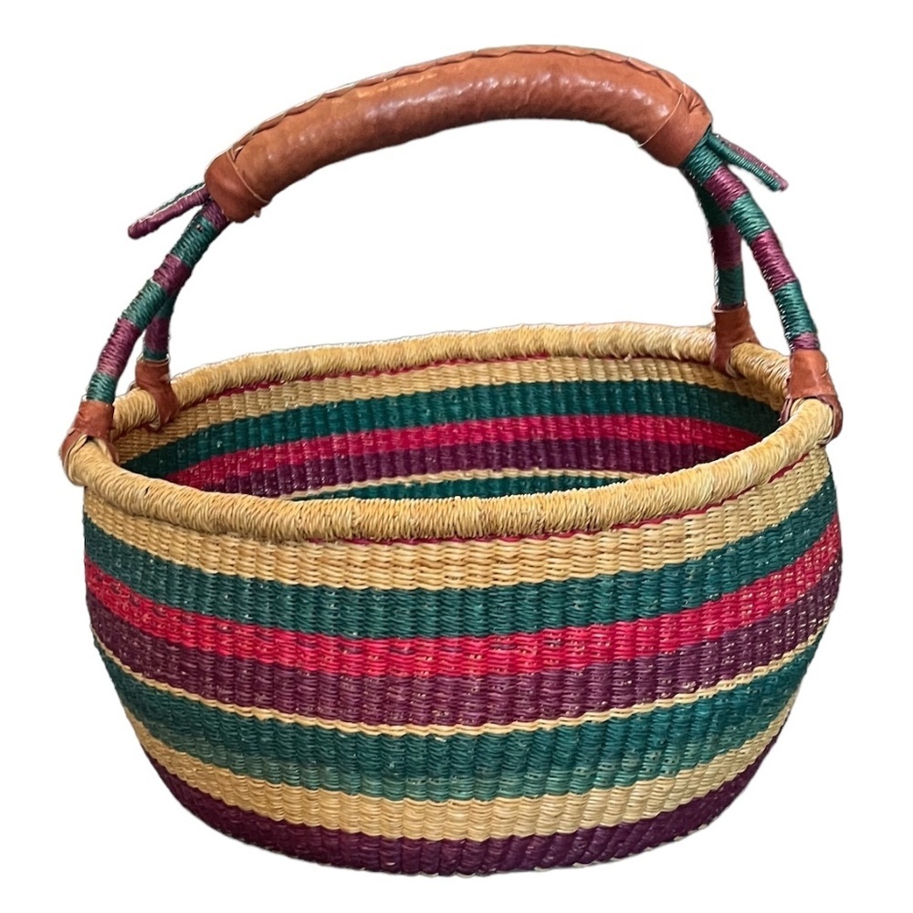 NWOT Bolga Round Basket with leather wrapped handle